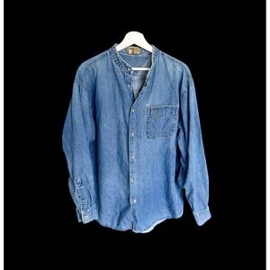 Vintage 90's Northwest Blue Pocket Denim Button Up Shirt XL Mandarin Collar Flaw